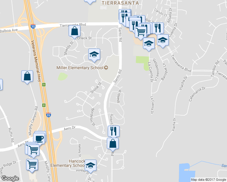 map of restaurants, bars, coffee shops, grocery stores, and more near 4144 Spearfish Lane in San Diego