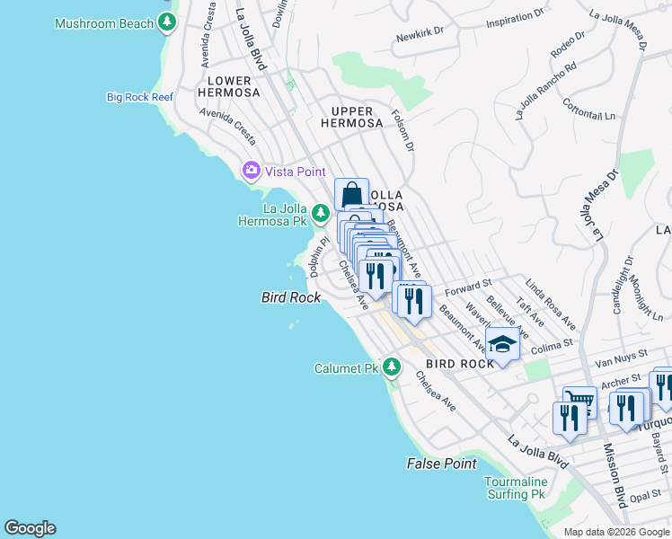map of restaurants, bars, coffee shops, grocery stores, and more near 322 Bird Rock Avenue in San Diego