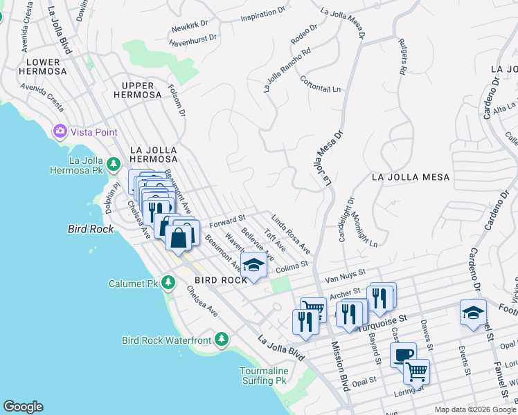 map of restaurants, bars, coffee shops, grocery stores, and more near 838 Forward Street in San Diego