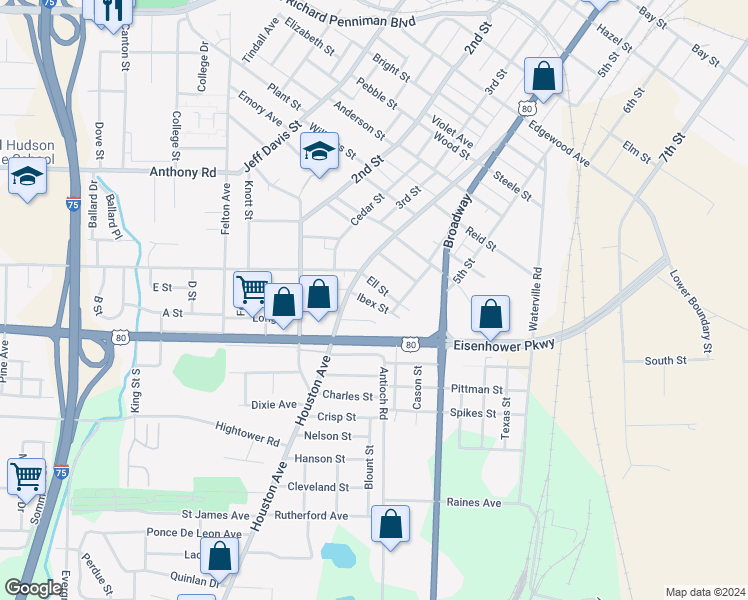 map of restaurants, bars, coffee shops, grocery stores, and more near 475 Ibex Street in Macon