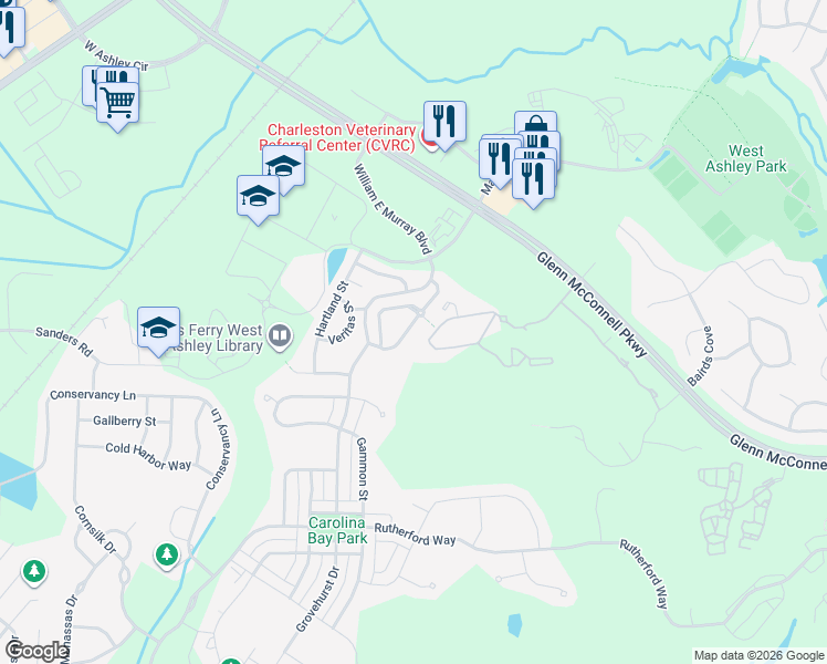 map of restaurants, bars, coffee shops, grocery stores, and more near 4070 Babbit Street in Charleston
