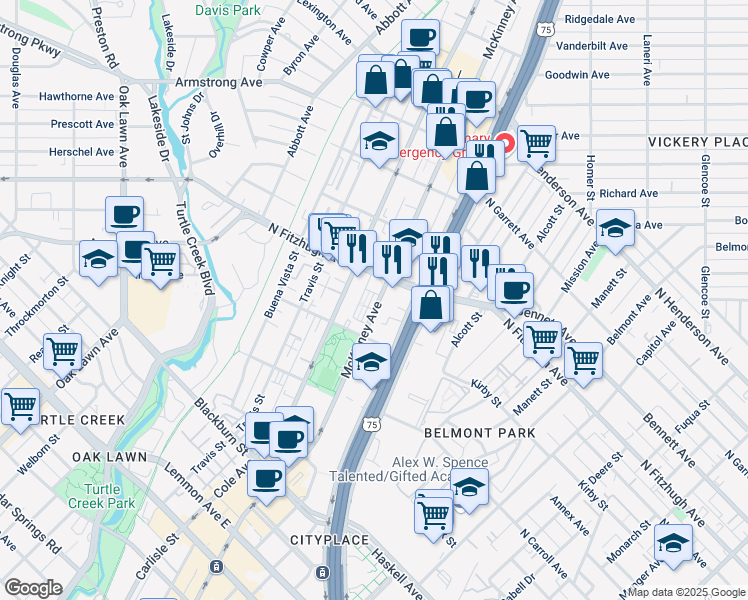 map of restaurants, bars, coffee shops, grocery stores, and more near 15 McKinney Avenue in Dallas