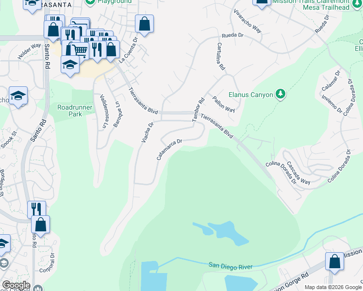 map of restaurants, bars, coffee shops, grocery stores, and more near 3947 Catamarca Drive in San Diego
