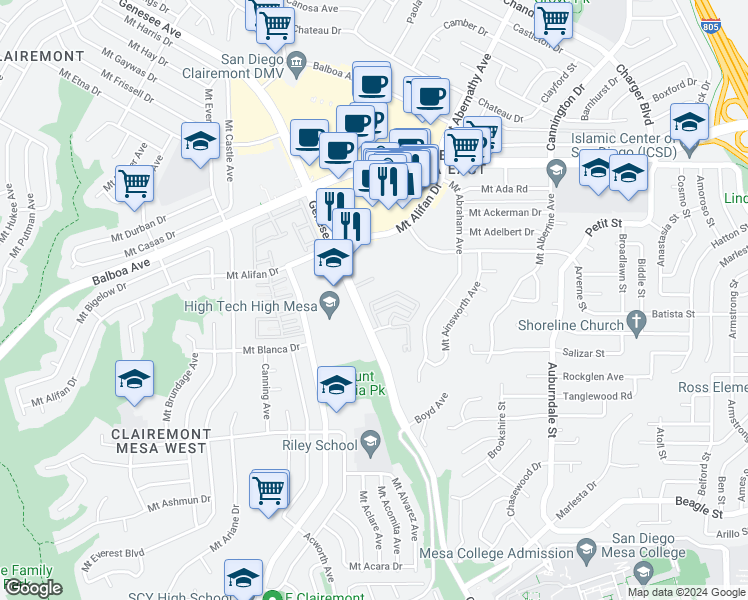 map of restaurants, bars, coffee shops, grocery stores, and more near 5516 Caminito Roberto in San Diego