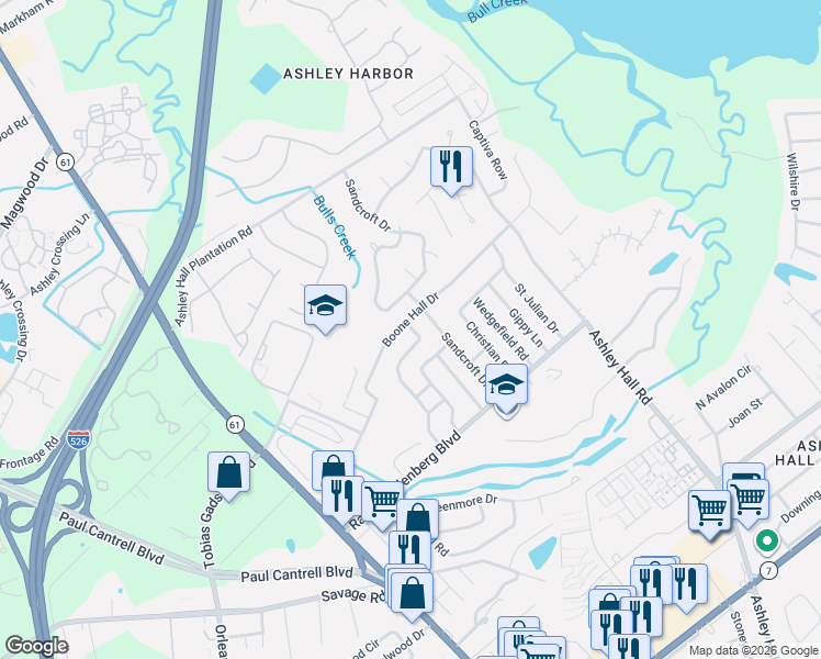 map of restaurants, bars, coffee shops, grocery stores, and more near 1667 Mepkin Road in Charleston