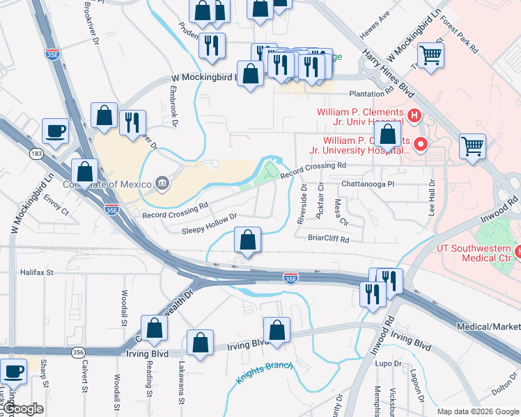 map of restaurants, bars, coffee shops, grocery stores, and more near 5615 Van Winkle Boulevard in Dallas