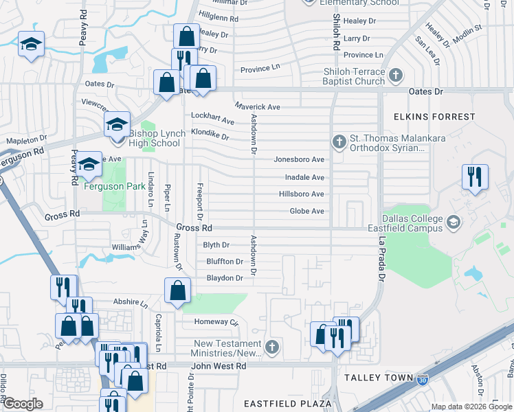 map of restaurants, bars, coffee shops, grocery stores, and more near 2435 Globe Avenue in Dallas