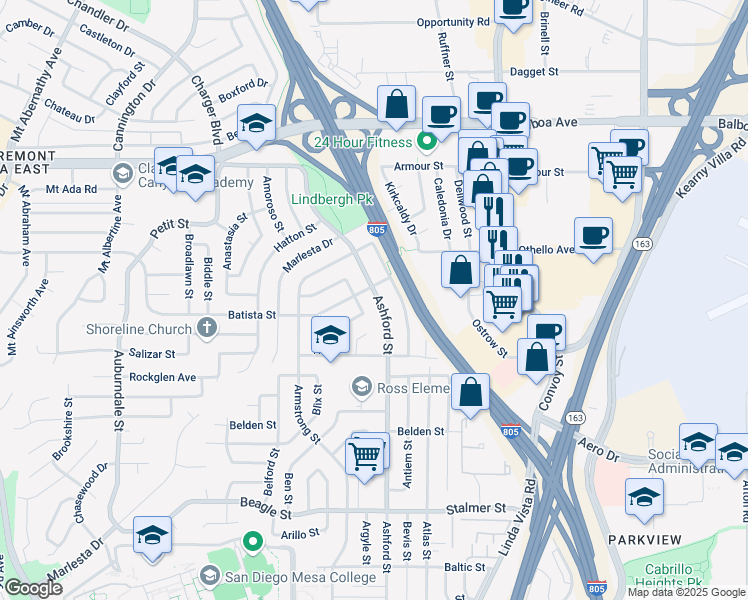 map of restaurants, bars, coffee shops, grocery stores, and more near 3984 Ashford Street in San Diego