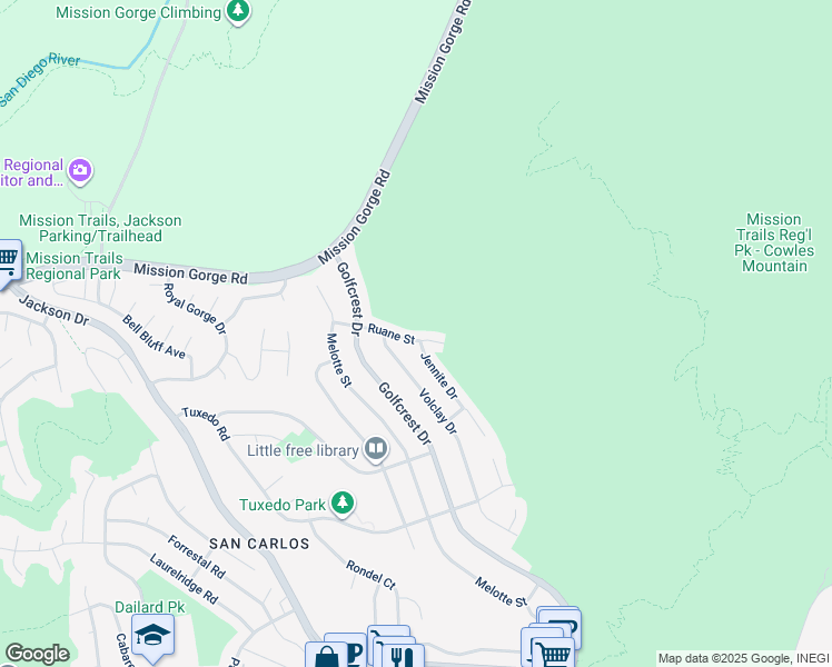 map of restaurants, bars, coffee shops, grocery stores, and more near 7152 Ruane Street in San Diego