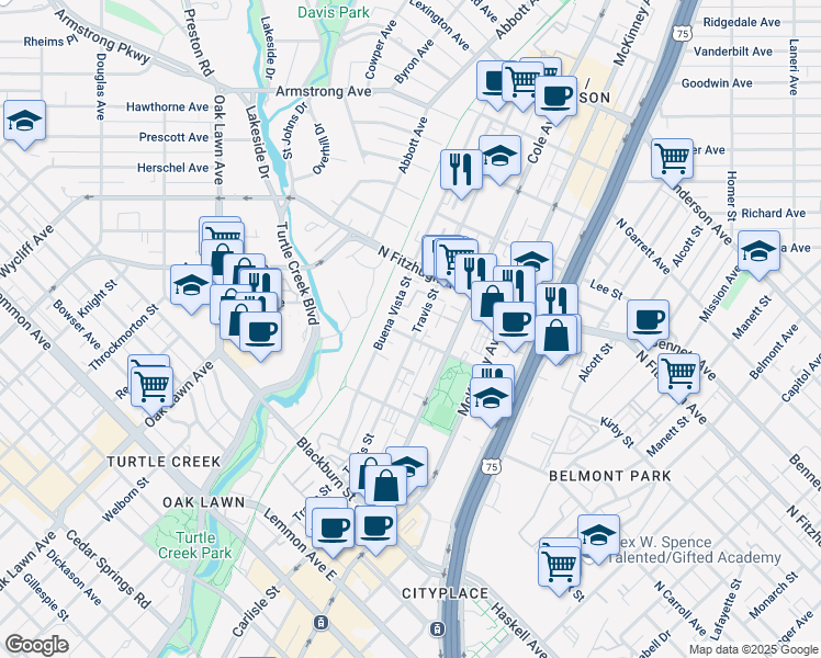 map of restaurants, bars, coffee shops, grocery stores, and more near 4109 Travis Street in Dallas
