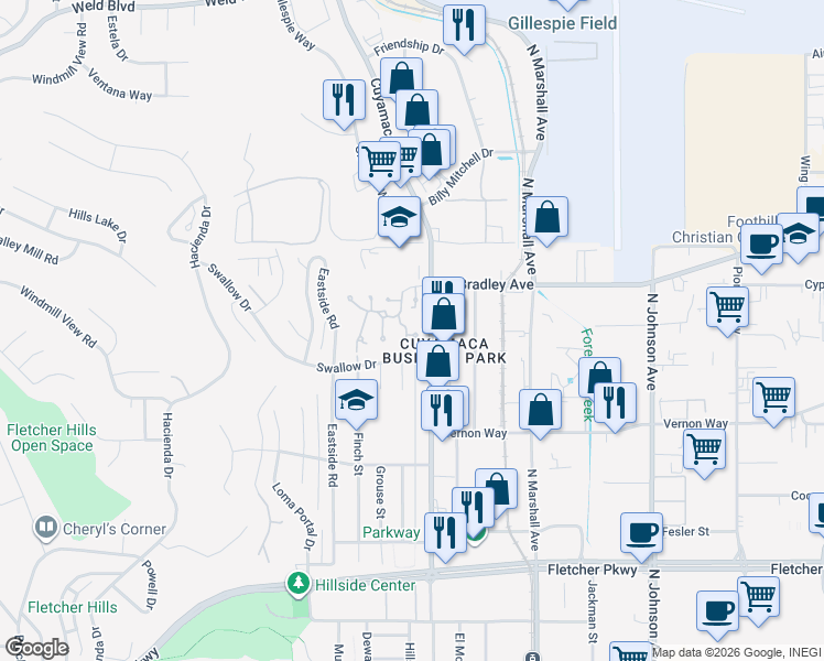 map of restaurants, bars, coffee shops, grocery stores, and more near 1314 Hawk Lane in El Cajon