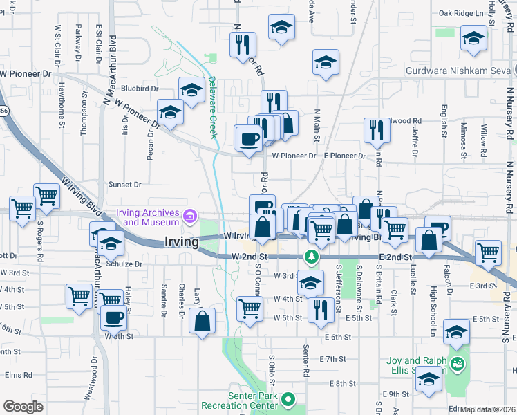 map of restaurants, bars, coffee shops, grocery stores, and more near 251 North O'Connor Road in Irving