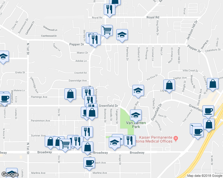 map of restaurants, bars, coffee shops, grocery stores, and more near 1370 El Rey Court in El Cajon