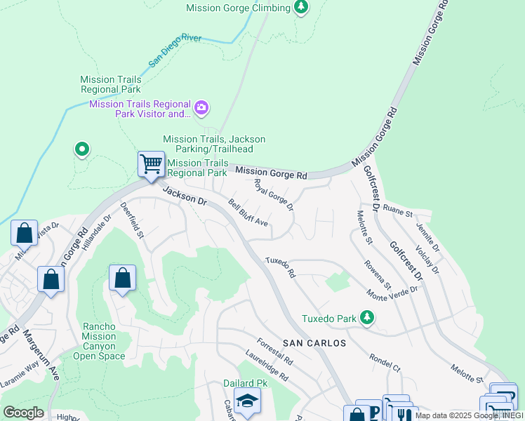 map of restaurants, bars, coffee shops, grocery stores, and more near 6652 Bell Bluff Avenue in San Diego