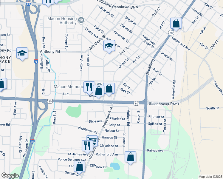 map of restaurants, bars, coffee shops, grocery stores, and more near 2463 Houston Avenue in Macon