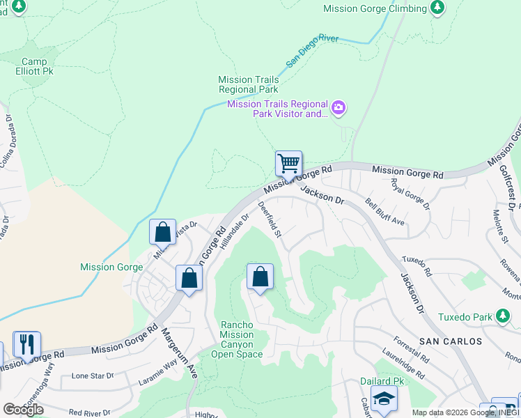 map of restaurants, bars, coffee shops, grocery stores, and more near 8087 Deerfield Street in San Diego