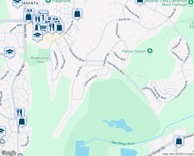 map of restaurants, bars, coffee shops, grocery stores, and more near 3947 Catamarca Drive in San Diego