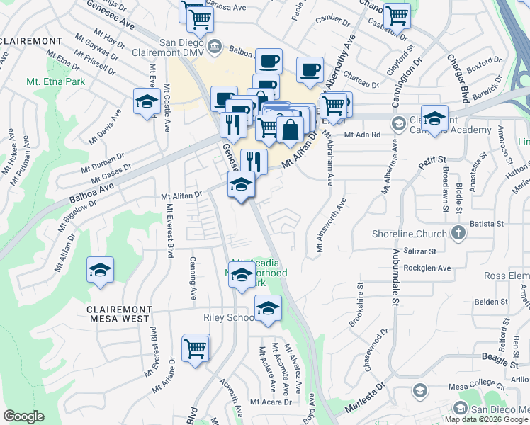 map of restaurants, bars, coffee shops, grocery stores, and more near 4186 Mount Alifan Drive in San Diego