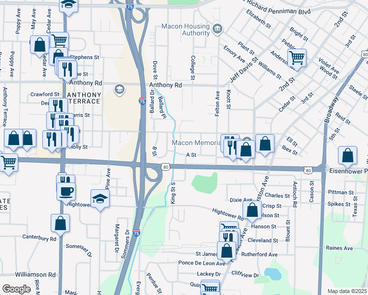 map of restaurants, bars, coffee shops, grocery stores, and more near 801-999 E St in Macon