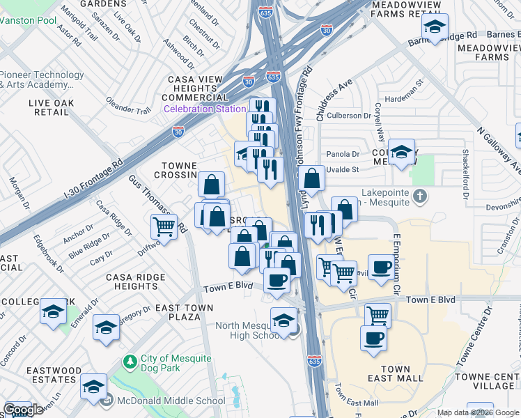 map of restaurants, bars, coffee shops, grocery stores, and more near in Mesquite