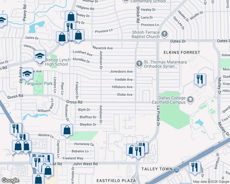 map of restaurants, bars, coffee shops, grocery stores, and more near 2535 Globe Avenue in Dallas