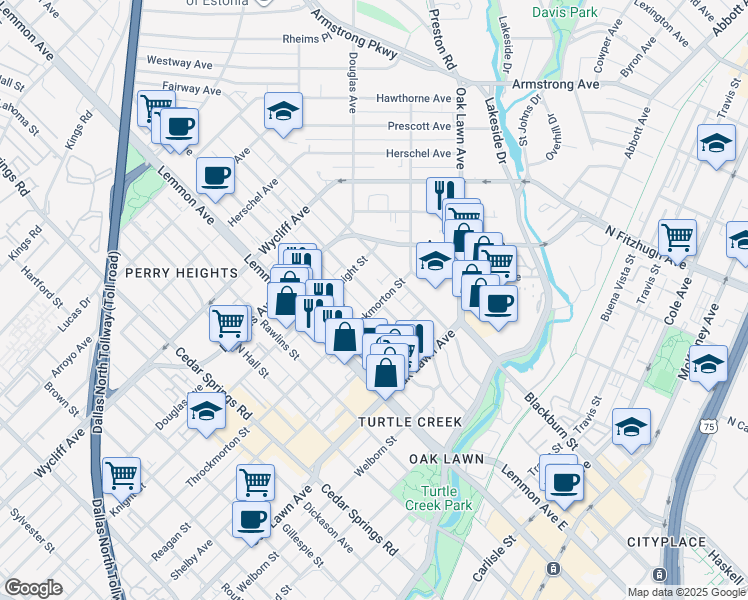 map of restaurants, bars, coffee shops, grocery stores, and more near 3717 Throckmorton Street in Dallas