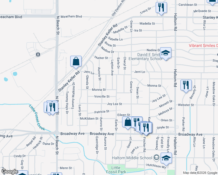 map of restaurants, bars, coffee shops, grocery stores, and more near 3609 Layton Avenue in Haltom City