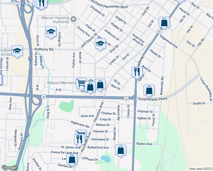 map of restaurants, bars, coffee shops, grocery stores, and more near 2463 Houston Avenue in Macon