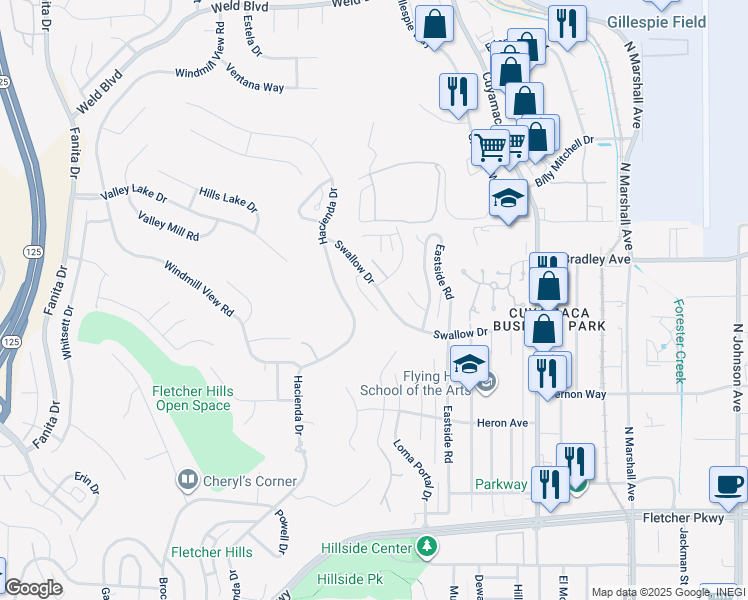 map of restaurants, bars, coffee shops, grocery stores, and more near 1683 Swallow Drive in El Cajon