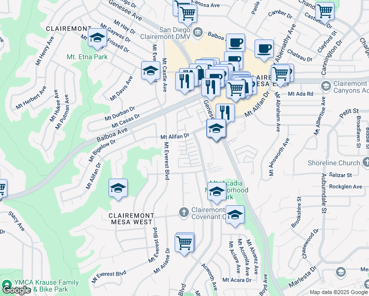 map of restaurants, bars, coffee shops, grocery stores, and more near 5217 Mount Alifan Drive in San Diego