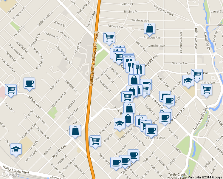 map of restaurants, bars, coffee shops, grocery stores, and more near 4324 Vandelia Street in Dallas