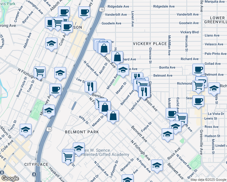 map of restaurants, bars, coffee shops, grocery stores, and more near 2608 North Garrett Avenue in Dallas