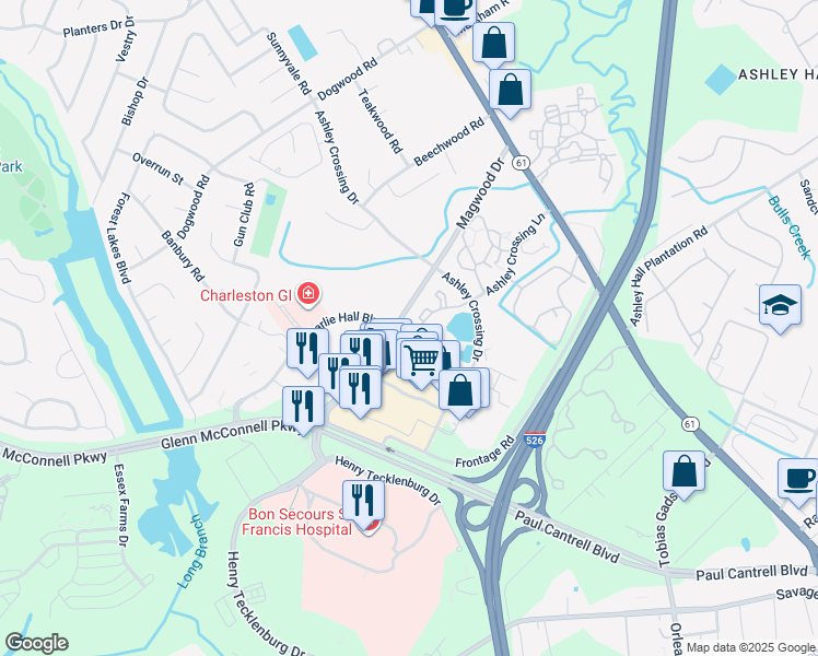 map of restaurants, bars, coffee shops, grocery stores, and more near 2235 Ashley Crossing Drive in Charleston