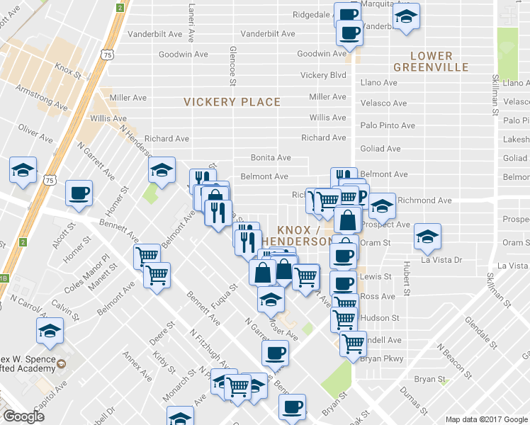 map of restaurants, bars, coffee shops, grocery stores, and more near 5443 Melrose Avenue in Dallas