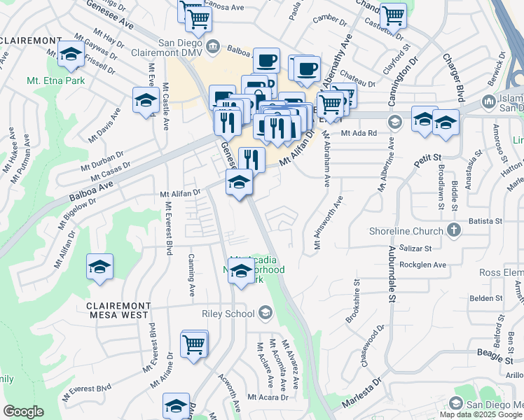 map of restaurants, bars, coffee shops, grocery stores, and more near 4198 Mount Alifan Drive in San Diego