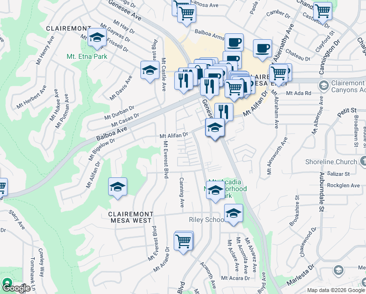 map of restaurants, bars, coffee shops, grocery stores, and more near 5217 Mount Alifan Drive in San Diego