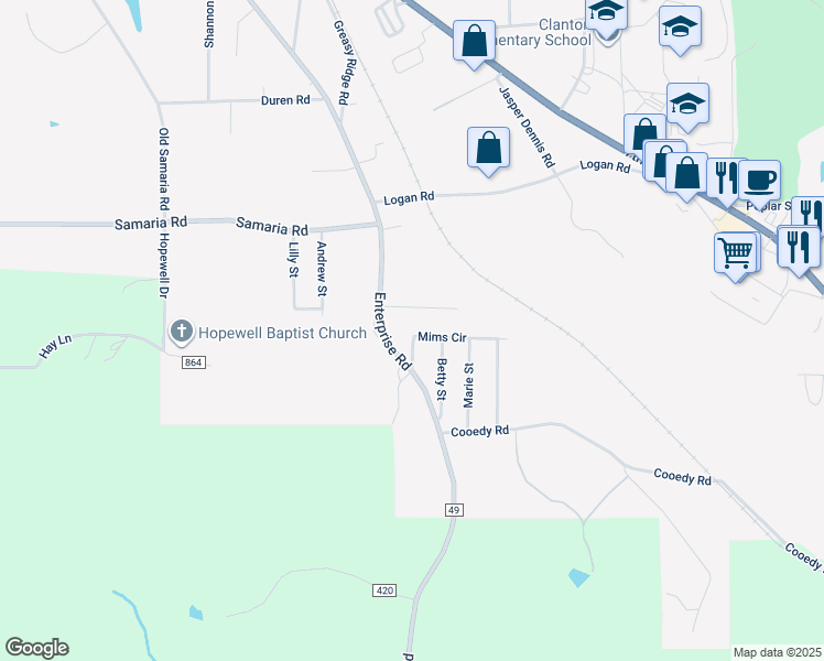 map of restaurants, bars, coffee shops, grocery stores, and more near 136 Mims Circle in Clanton