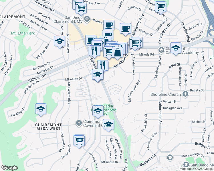 map of restaurants, bars, coffee shops, grocery stores, and more near 4186 Mount Alifan Drive in San Diego