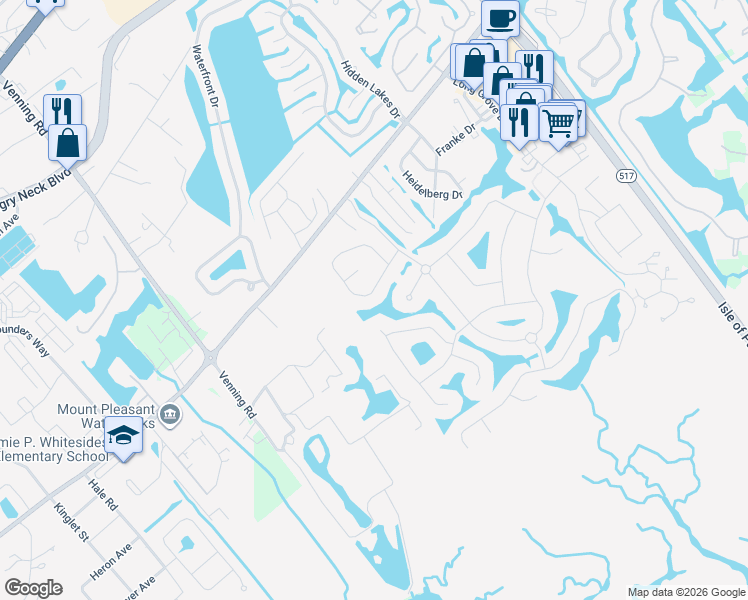 map of restaurants, bars, coffee shops, grocery stores, and more near 1244 Wild Olive Drive in Mount Pleasant