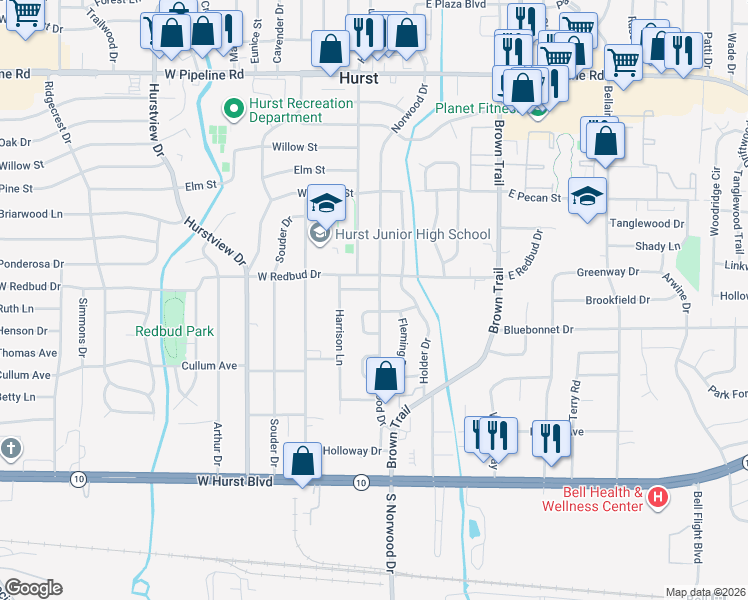 map of restaurants, bars, coffee shops, grocery stores, and more near 427 Norwood Drive in Hurst