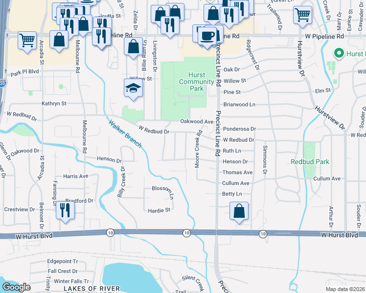 map of restaurants, bars, coffee shops, grocery stores, and more near 413 Carnation Lane in Hurst