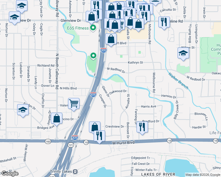 map of restaurants, bars, coffee shops, grocery stores, and more near 405 Sheppard Court in Hurst