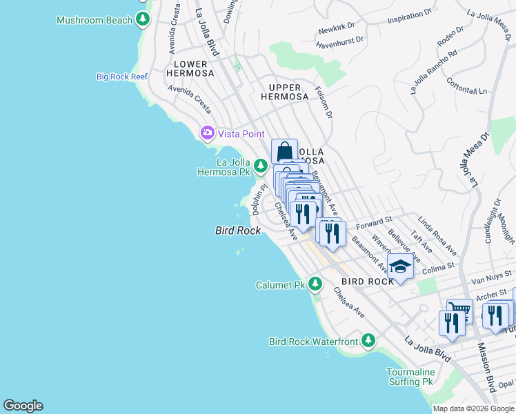 map of restaurants, bars, coffee shops, grocery stores, and more near 5714 Abalone Place in San Diego
