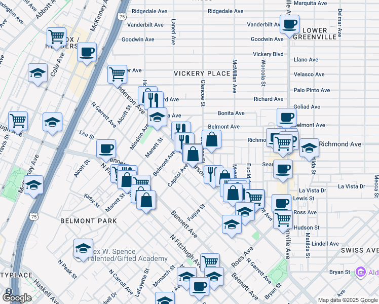 map of restaurants, bars, coffee shops, grocery stores, and more near 2410 North Henderson Avenue in Dallas