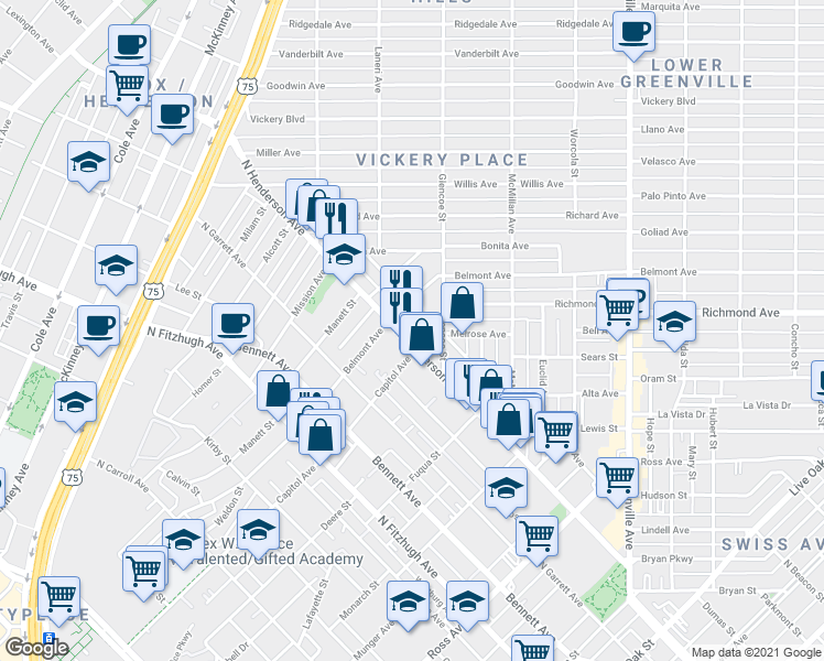 map of restaurants, bars, coffee shops, grocery stores, and more near 2410 North Henderson Avenue in Dallas