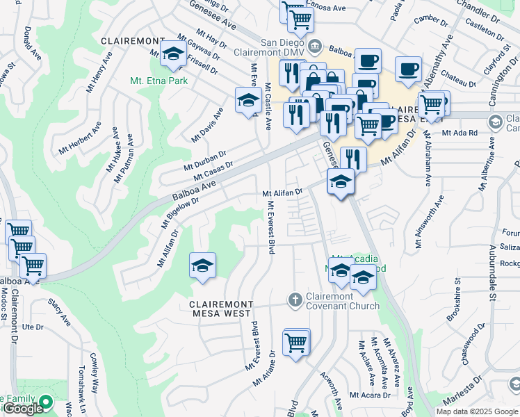 map of restaurants, bars, coffee shops, grocery stores, and more near 4051 Mount Bross Avenue in San Diego