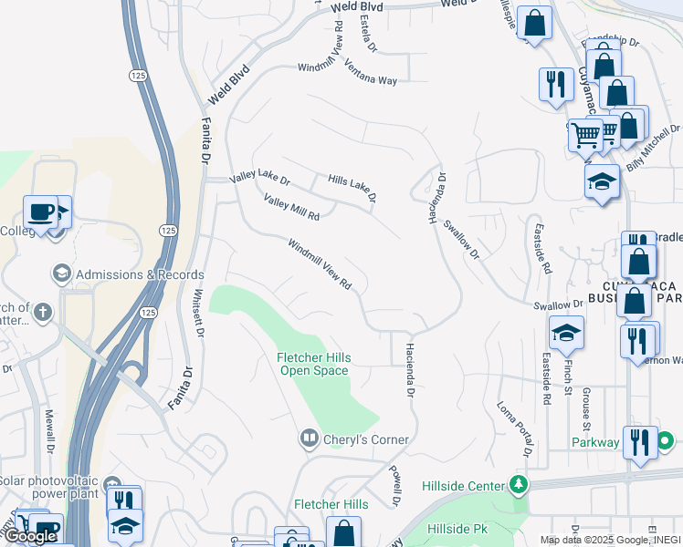 map of restaurants, bars, coffee shops, grocery stores, and more near 2128 Windmill View Road in El Cajon
