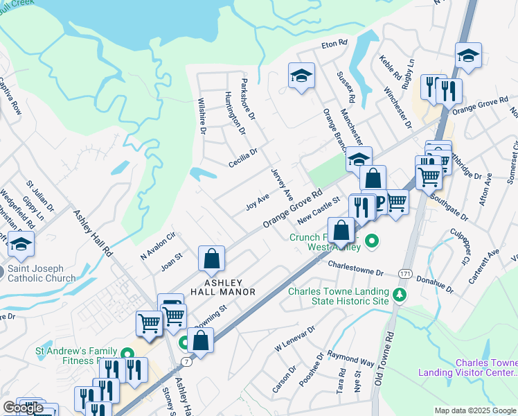 map of restaurants, bars, coffee shops, grocery stores, and more near 1429 Joy Avenue in Charleston