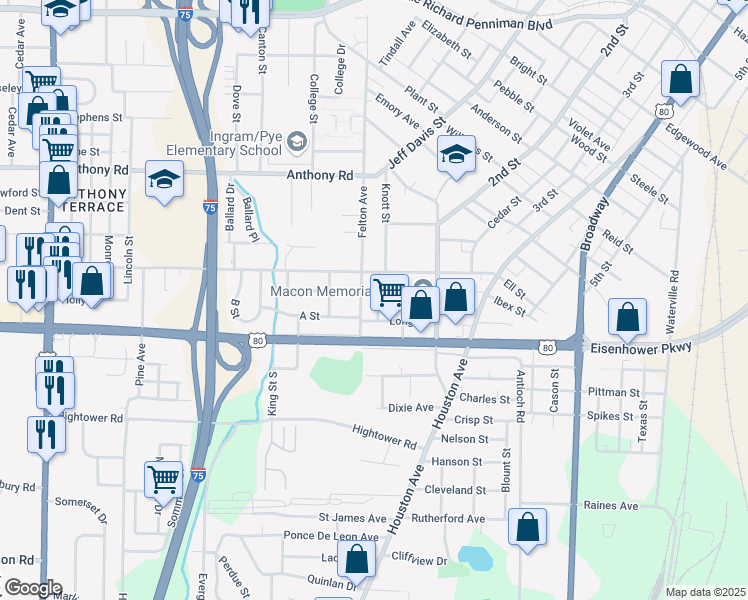 map of restaurants, bars, coffee shops, grocery stores, and more near 2461 Felton Lane in Macon