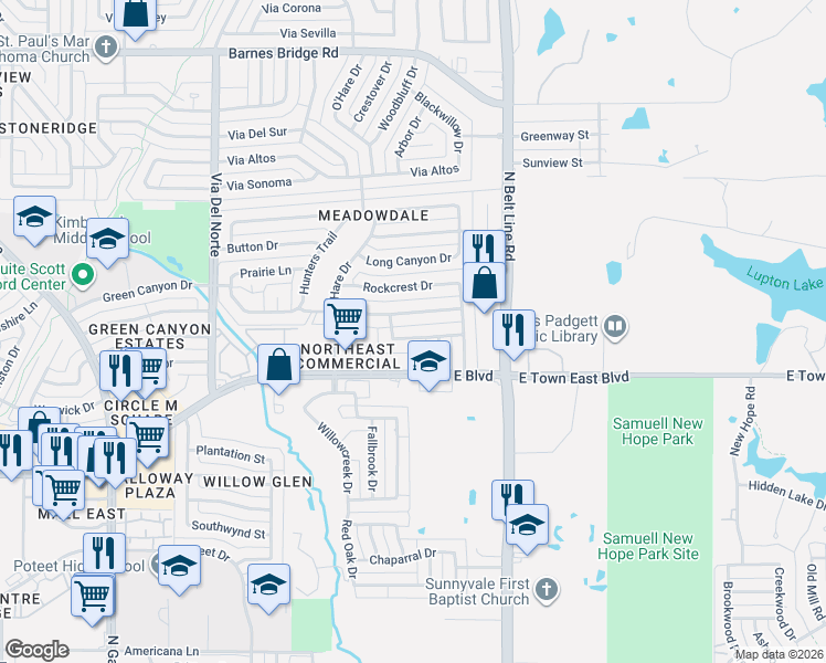 map of restaurants, bars, coffee shops, grocery stores, and more near 317 Boxwood Drive in Mesquite